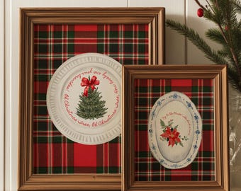 Vintage Christmas Plate Print Set: Tartan Plaid Holiday Wall Art (Digital Download)
