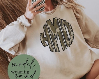 Scalloped Monogram Camo Sweatshirt: Bottomland Camo, Unisex Gildan Crewneck