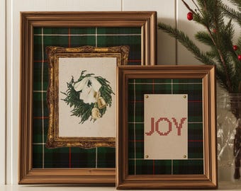 Cozy Heirloom Christmas Printable Wall Art: Tartan Plaid + Wreath with Gold Bells (Digital Download)