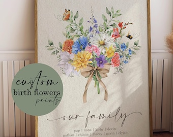 Custom Birth Flower Family Bouquet Print, Birth Month Flower Gift for Mom, Mother&#39;s Gift, Custom Digital Wall Art Print Personalized Gift