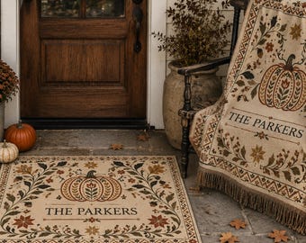 Custom Fall Porch Rug and/or Woven Throw, Custom Family Name Entryway Decor, Folk Art Pumpkin Doormat, Personalized Autumn Blanket