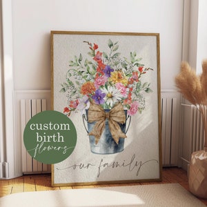 Aangepaste geboortebloem familieboeket print, geboortemaand bloemencadeau voor moeder, Moederdag, aangepaste digitale muurkunst print gepersonaliseerd cadeau