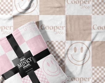 Personalized Checkered Baby Blanket: Retro Smiley Face Minky Blanket