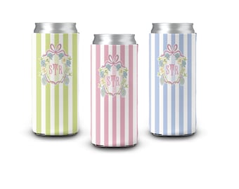Monogrammed Mahjong Slim and Regular Can Cooler: Mahjong Crest with Fishtail Monogrammed Slim Drink Can Hugger