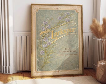 Vintage Larkspur Wall Art Printable, July Birth Flower Art Nouveau Poster, Botanical Floral Digital Download