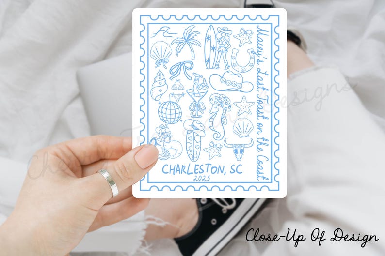 May include: A blue and white illustrated sticker with the text "Macey's Last Toast on the Coast" and "Charleston, SC 2025". The sticker features various beach-themed illustrations, including a seashell, a palm tree, a surfboard, a horseshoe, a starfish, a seahorse, and a cowboy hat.