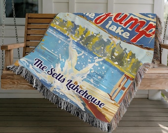 Custom Lakehouse Woven Throw Blanket: Go Jump in the Lake Tapestry Home Decor