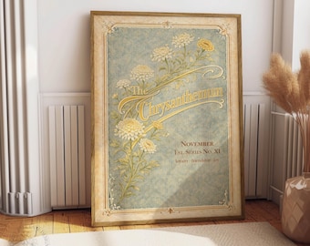 Vintage Chrysanthemum Wall Art Printable, November Birth Flower Art Nouveau Poster, Botanical Floral Digital Download