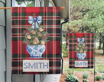 Tartan Plaid & Chinoiserie Christmas Flag: Vintage Cross Stitch, Personalized