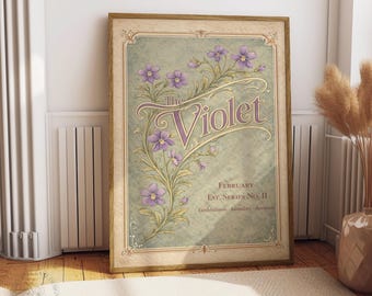 Vintage Violet Wall Art Printable, February Birth Flower Art Nouveau Poster, Botanical Floral Digital Download