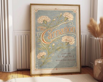 Vintage Carnation Wall Art Printable, January Birth Flower Art Nouveau Poster, Botanical Floral Digital Download