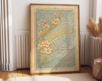 Vintage Gladiolis Wall Art Printable, August Birth Flower Art Nouveau Poster, Botanical Floral Digital Download