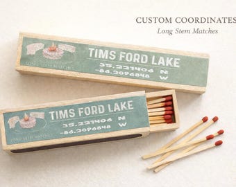 Exclusive Lakehouse Match Box with Coordinates | Personalized Long Stem Matches | Cabin Decor | Housewarming Gift | Campfire Matches