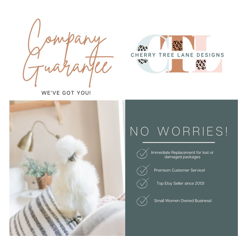 Op de afbeelding: Een wit, pluizig kipje met een zwarte kam en keellap zit op een gestreept kussen. De tekst "Company Guarantee" is geschreven in bruin cursief schrift. De tekst "We've got you!" is geschreven in bruine tekst onder het cursieve schrift. De tekst "CHERRY TREE LANE DESIGNS" is geschreven in bruine tekst boven een logo met de letters "CTL" in roze, blauw en bruin met een luipaardprint.