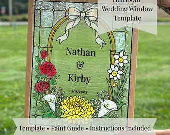 Personalized Birth Flower Wedding Window Template | Faux Stained Glass Paint Pattern | Custom Anniversary Gift | DIY Heirloom Keepsake