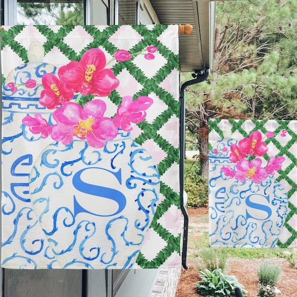 Blue Ginger Jar Custom Garden Flag, Personalized House Flag, Chinoiserie Design Flag, Custom House Flag, Monogrammed Garden Flag