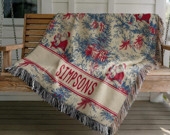 Personalized Christmas Santa Toile Woven Throw Blanket: Christmas Holiday Tapestry Decor
