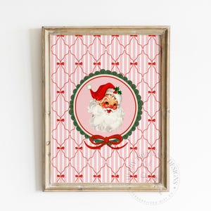 Retro Santa Christmas Print: Pink Bows, Holiday Wall Decor (Digital Download)