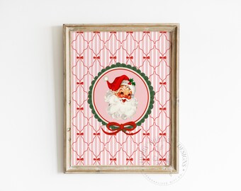 Retro Santa Christmas Print: Pink Bows, Holiday Wall Decor (Digital Download)