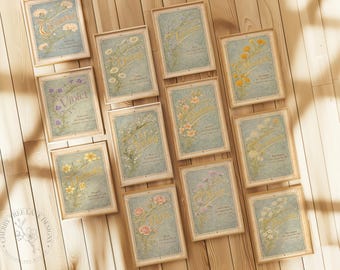 Vintage Birth Flower Wall Art Bundle, 12 Botanical Prints, Art Nouveau Floral Poster Collection, Instant Digital Download