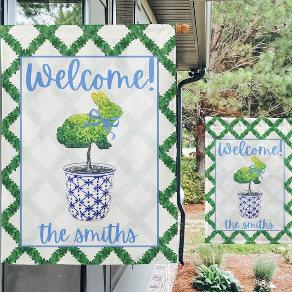 Welcome Garden Flag, Personalized House Flag, Chinoiserie, Topiary, Porch Flags, Bunny Topiary, Ginger Jar, Easter House Flag