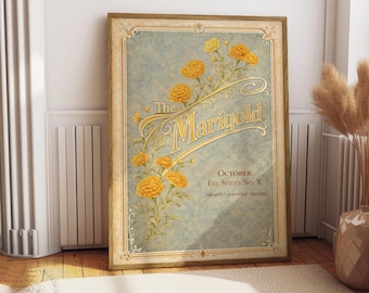 Vintage Marigold Wall Art Printable, October Birth Flower Art Nouveau Poster, Botanical Floral Digital Download