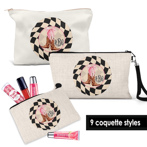 Coquette style Cosmetic Bag- Customized Cowgirl Coquette Essential Bag-Pink Bow Style Pouch - Bridesmaid Cosmetic Bag - Accessory Bag