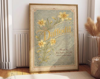 Vintage Daffodil Wall Art Printable, March Birth Flower Art Nouveau Poster, Botanical Floral Digital Download