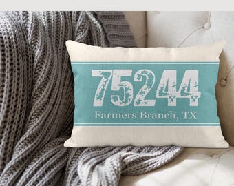 Personalized Zip Code Throw Pillow Cover: Faux Burlap, Custom Home Decor