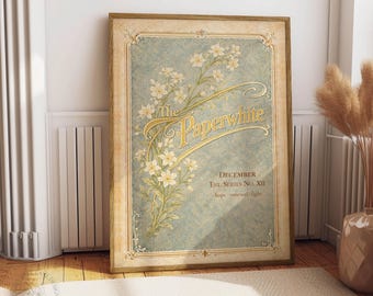 Vintage Paperwhite Narcissus Wall Art Printable, December Birth Flower Art Nouveau Poster, Botanical Floral Digital Download
