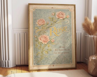 Vintage Rose Wall Art Printable, June Birth Flower Art Nouveau Poster, Botanical Floral Digital Download