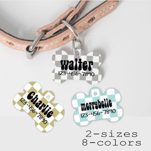 Personalized Pet ID Tag: Retro Checkered Bone, Custom Dog Name & Number