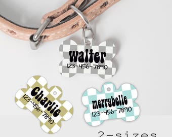 Personalized Pet ID Tag: Retro Checkered Bone, Custom Dog Name & Number