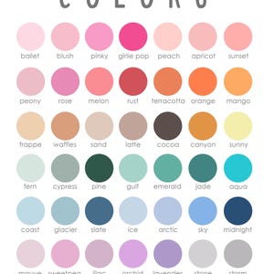 May include: A color chart with the word "COLORS" in gray at the top. The chart displays a variety of color swatches with names like "ballet," "blush," and "pinky." The bottom of the chart reads "CHERRY TREE LANE DESIGNS."