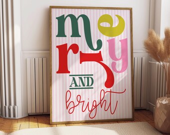 Merry and Bright Christmas Art Print: Pink Stripes (Digital Download)