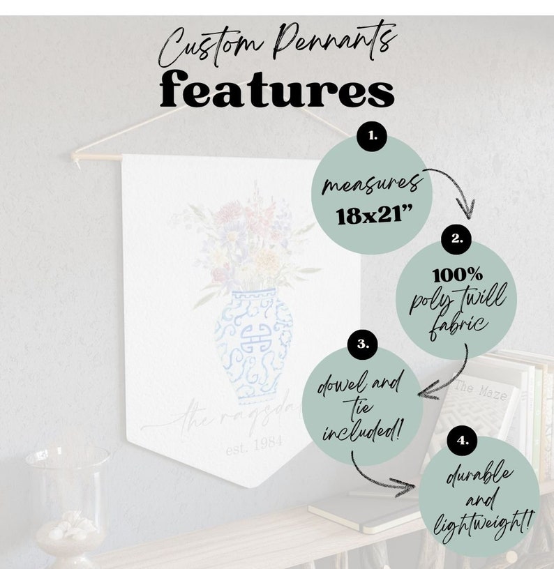 Pode incluir: Um estandarte personalizado com um design floral em aquarela em um vaso azul e branco. O estandarte mede 45,7 x 53,3 cm e &eacute; feito de tecido 100% poly twill. Inclui uma haste e um la&ccedil;o. O estandarte &eacute; dur&aacute;vel e leve.