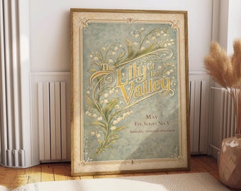 Vintage Lily of the Valley Wall Art Printable, May Birth Flower Art Nouveau Poster, Botanical Floral Digital Download