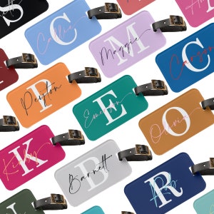 May include: A set of colorful luggage tags with personalized names and initial letters. Each tag has a different color and features a white letter with a black outline. The tags are made of a durable material and have a strap for attaching to luggage.