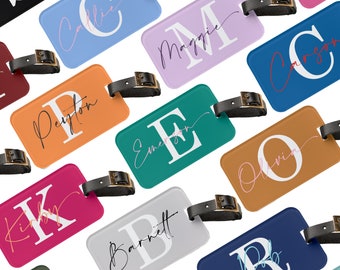 May include: A set of colorful luggage tags with personalized names and initial letters. Each tag has a different color and features a white letter with a black outline. The tags are made of a durable material and have a strap for attaching to luggage.
