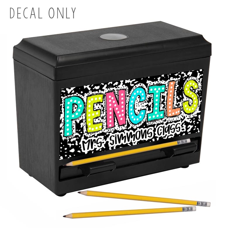 May include: Black pencil holder with a white and black polka dot background. The word "PENCILS" is in colorful letters with white polka dots. The text "Mrs. Simmons Class" is below the word "PENCILS".