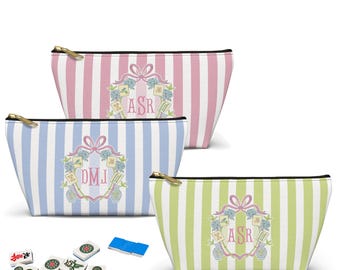 Fishtail Monogrammed Mahjong Crest Bag with Zipper, Custom Makeup Bag Set, Personalized Mahjong Tile Bag