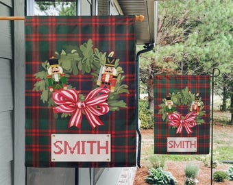 Vintage Christmas Plaid Flag: Nutcracker Wreath, Cross Stitch (Garden or House)