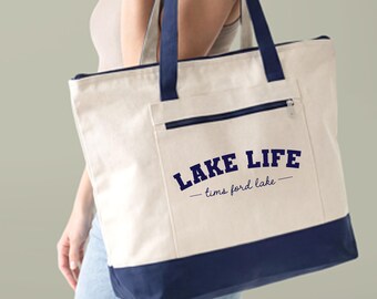 Custom Lake Life Zipper Canvas Tote Bag, Customized Lake Name Tote Bag, 2 tone Canvas Tote Bag, Mother's Day Gift