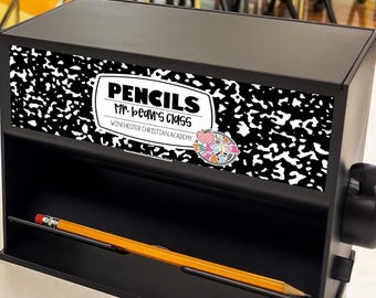 Personalized Teacher Pencil Dispenser Label: Waterproof Decal (7.4"x2.5")
