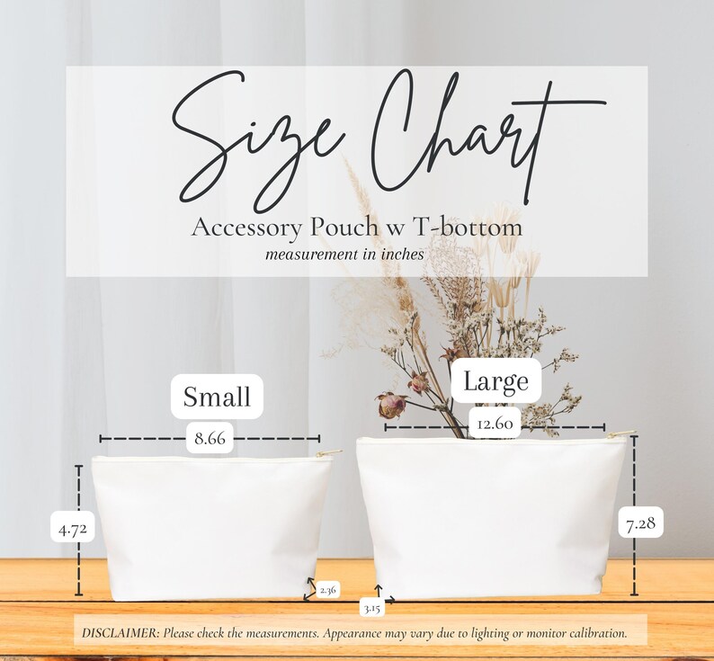 Op de afbeelding: Maattabel voor een witte accessoire-tas met een T-bodem. De tabel toont de afmetingen in inches voor een kleine tas (8,66 inch breed en 4,72 inch hoog) en een grote tas (12,60 inch breed en 7,28 inch hoog).