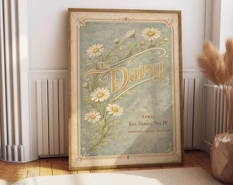 Vintage Daisy Wall Art Printable, April Birth Flower Art Nouveau Poster, Botanical Floral Digital Download