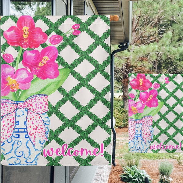 Welcome Garden Flag, Personalized House Flag, Chinoiserie, Porch Flags, Ginger Jar, Preppy Garden Flag, Spring House Flag