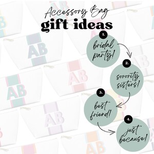 Op de afbeelding: Witte ritszakje met een gekleurde streep en de letters "AB" in vetgedrukte letters. Het zakje wordt getoond in een collage met andere zakjes en tekst die "Accessory Bag gift ideas" luidt en verschillende gelegenheden voor het geven van cadeaus opsomt.