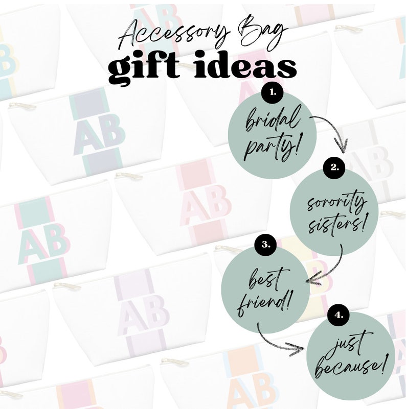 Op de afbeelding: Witte ritszakje met een gekleurde streep en de letters "AB" in vetgedrukte letters. Het zakje wordt getoond in een collage met andere zakjes en tekst die "Accessory Bag gift ideas" luidt en verschillende gelegenheden voor het geven van cadeaus opsomt.