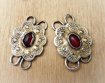 Paar d ' antike Elemente - Elemente turkmenischen Afghanen Vintage - Steckverbinder Abstandshalter bilden goldenen Blume rot Glas alt -